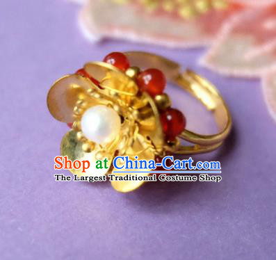 Traditional Chinese Ancient Princess Wedding Golden Flower Ring Handmade Hanfu Jewelry Accessories for Women