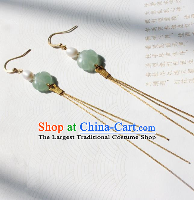 Handmade Chinese Ancient Princess Pearl Jade Earrings Traditional Hanfu Jewelry Accessories for Women