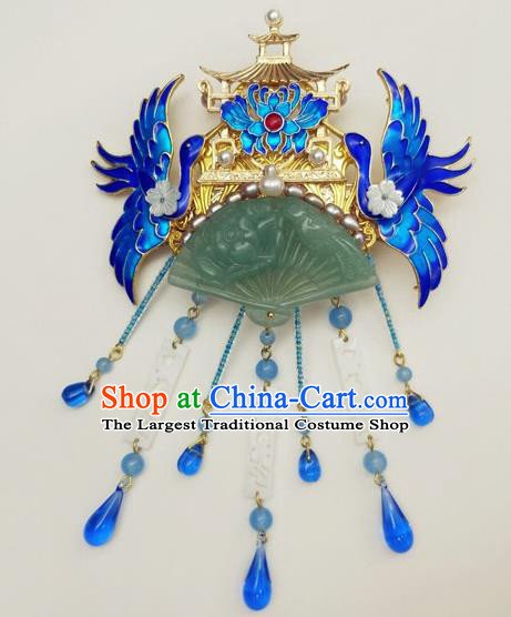 Traditional Chinese Ancient Queen Hanfu Cloisonne Crane Hair Crown Jade Hairpins Handmade Wedding Hair Accessories for Women