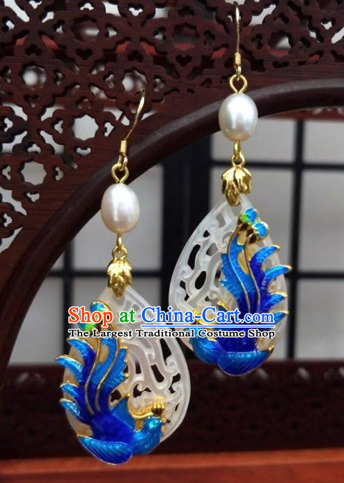 Traditional Chinese Ancient Hanfu Cloisonne Phoenix Jade Earrings Handmade Wedding Jewelry Accessories for Women