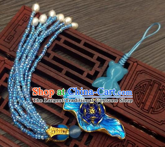 Traditional Chinese Ancient Blueing Lotus Brooch Handmade Hanfu Palace Breastpin Tassel Pendant for Women