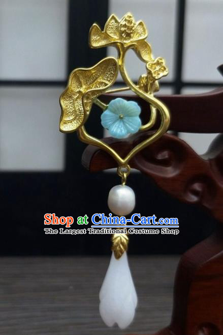 Traditional Chinese Ancient Golden Lotus Brooch Handmade Hanfu Palace Breastpin Tassel Pendant for Women