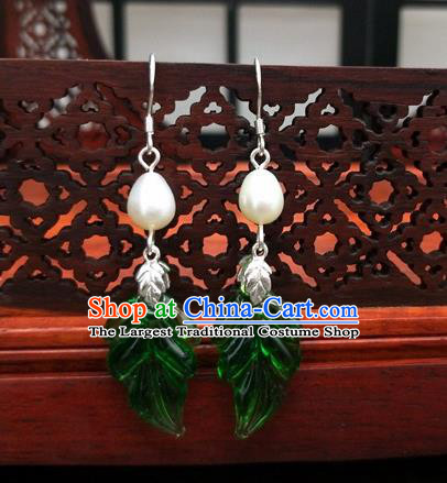 Traditional Chinese Ancient Hanfu Green Leaf Pearl Earrings Handmade Wedding Jewelry Accessories for Women