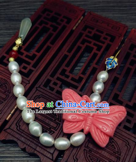 Traditional Chinese Ancient Pink Butterfly Pearls Brooch Handmade Hanfu Palace Breastpin Tassel Pendant for Women