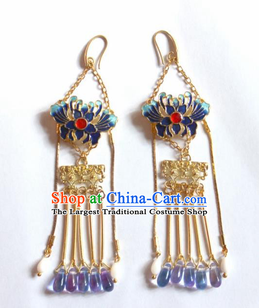 Handmade Chinese Ancient Princess Blueing Chrysanthemum Earrings Traditional Hanfu Jewelry Accessories for Women