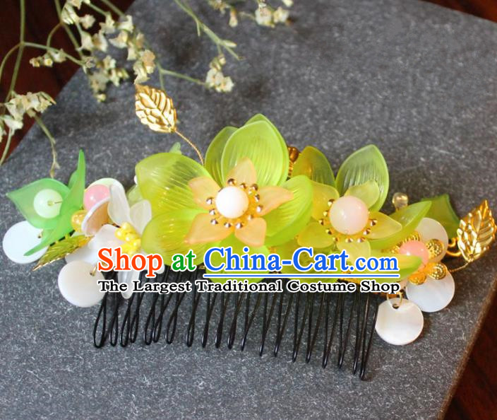 Chinese Ancient Hanfu Green Lotus Hair Comb Princess Hairpins Traditional Handmade Hair Accessories for Women