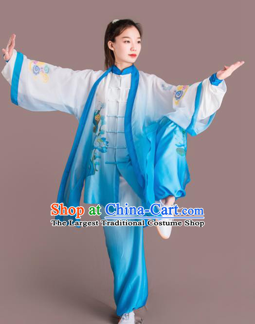 Traditional Chinese Martial Arts Embroidered Cloud Blue Costume Professional Tai Chi Competition Kung Fu Uniform for Women