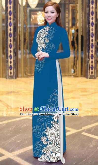 Vietnam Traditional Court Costume Printing Blue Ao Dai Dress Asian Vietnamese Cheongsam for Women