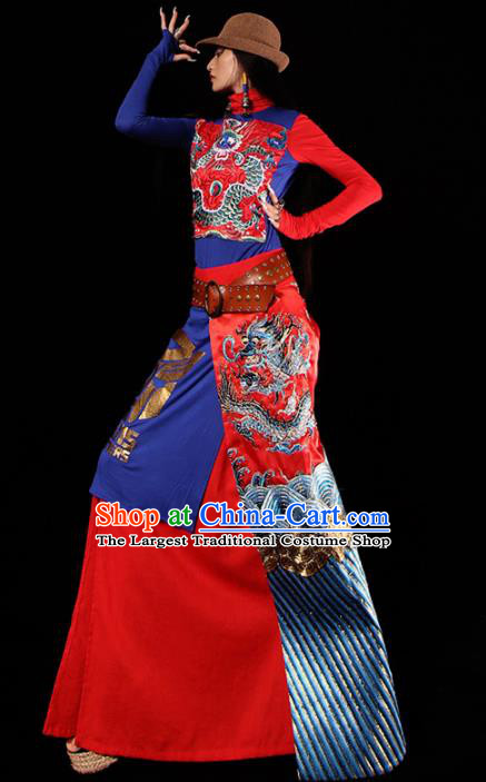 Chinese Traditional National Costume Embroidered Dragon Brocade Skirt Tang Suit Dress for Women