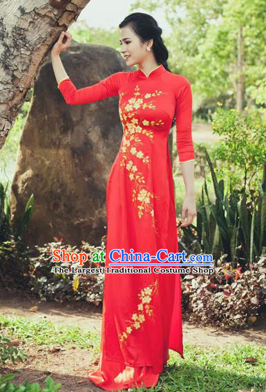 Vietnam Traditional Court Costume Wedding Red Ao Dai Dress Asian Vietnamese Cheongsam for Women