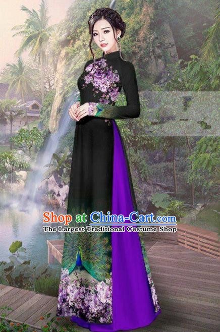 Vietnam Traditional Court Costume Printing Peacock Black Ao Dai Dress Asian Vietnamese Cheongsam for Women