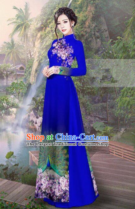 Vietnam Traditional Court Costume Printing Peacock Royalblue Ao Dai Dress Asian Vietnamese Cheongsam for Women