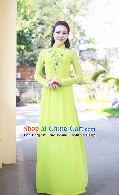 Vietnam Traditional Court Costume Printing Wisteria Green Ao Dai Dress Asian Vietnamese Cheongsam for Women