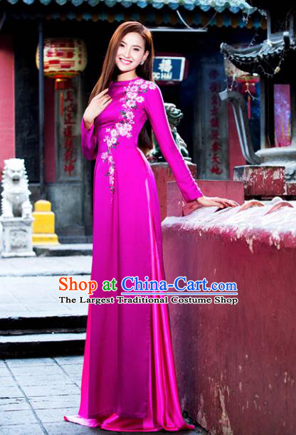 Vietnam Traditional Court Costume Printing Rosy Ao Dai Dress Asian Vietnamese Cheongsam for Women