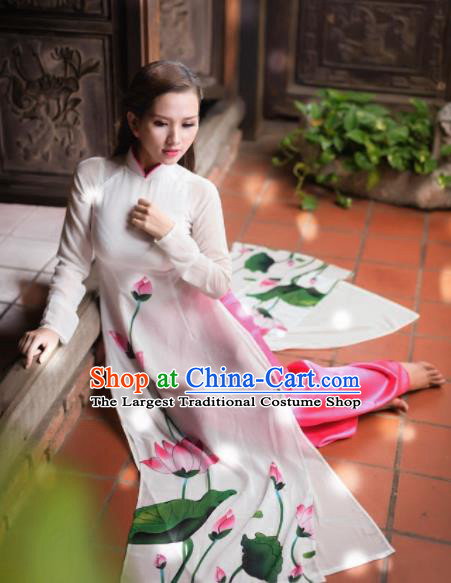 Vietnam Traditional National Costume Printing Lotus White Ao Dai Dress Asian Vietnamese Cheongsam for Women