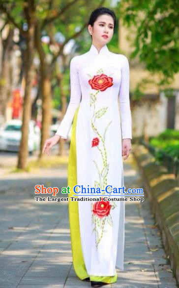 Vietnam Traditional National Costume Printing Peony White Ao Dai Dress Asian Vietnamese Cheongsam for Women