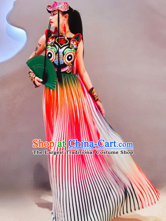 Chinese Traditional National Costume Embroidered Tiger Cheongsam Tang Suit Qipao Dress for Women