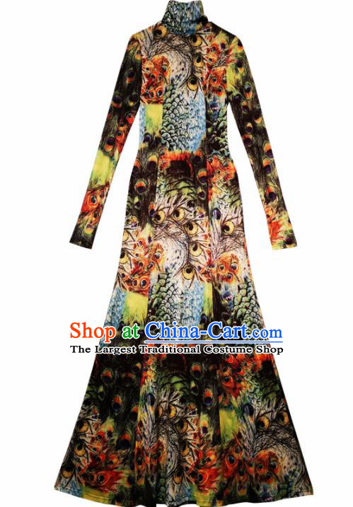 Chinese Traditional National Costume Printing Peacock Cheongsam Tang Suit Qipao Dress for Women