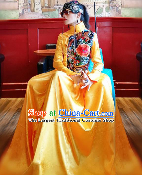 Chinese Traditional Catwalks Costume National Embroidered Peony Yellow Cheongsam Tang Suit Qipao Dress for Women