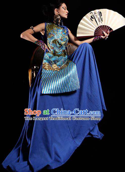 Chinese National Embroidered Blue Cheongsam Traditional Catwalks Costume Tang Suit Qipao Dress for Women