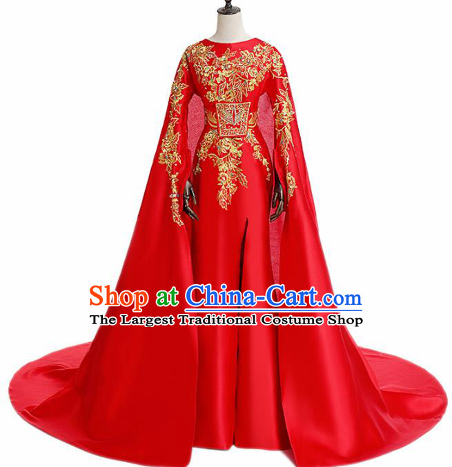 Chinese National Catwalks Embroidered Red Full Dress Traditional Tang Suit Cheongsam for Women