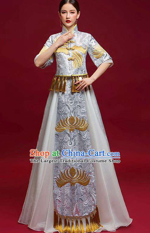 Chinese Traditional Wedding Costume Ancient Bride Xiu He Suit Grey Dress for Women