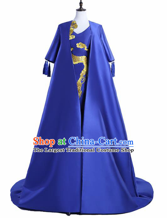 Chinese National Catwalks Costume Royalblue Trailing Cheongsam Traditional Tang Suit Qipao Dress for Women