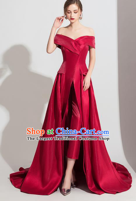 Top Grade Catwalks Wine Red Trailing Full Dress Modern Dance Party Compere Costume for Women