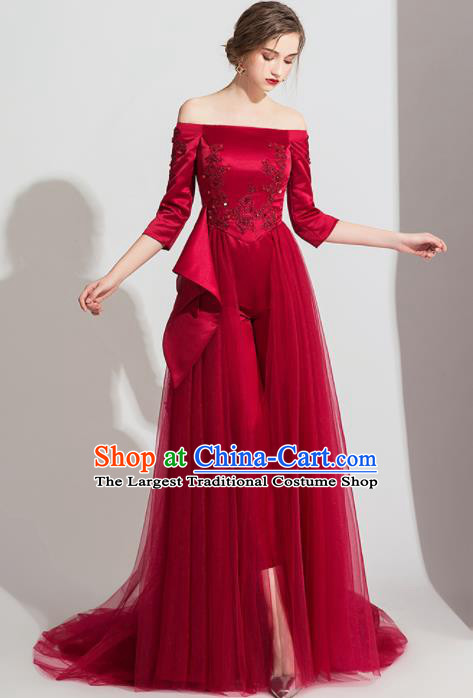 Top Grade Catwalks Wine Red Veil Full Dress Modern Dance Party Compere Costume for Women