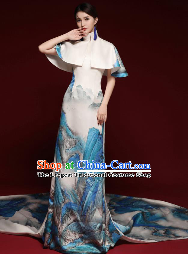 Chinese National Catwalks Landscape Painting White Cheongsam Traditional Costume Tang Suit Qipao Dress for Women