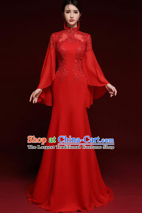 Chinese National Catwalks Embroidered Red Lace Cheongsam Traditional Costume Tang Suit Qipao Dress for Women