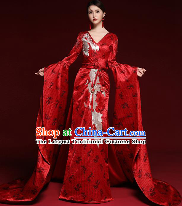 Chinese National Catwalks Red Trailing Cheongsam Traditional Costume Tang Suit Qipao Dress for Women