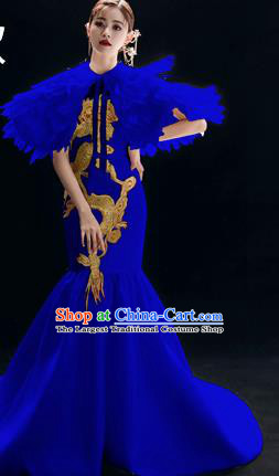 Chinese National Catwalks Royalblue Trailing Cheongsam Traditional Costume Tang Suit Qipao Dress for Women