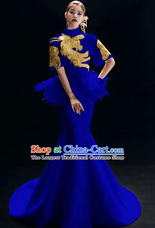 Chinese National Catwalks Embroidered Phoenix Royalblue Trailing Cheongsam Traditional Costume Tang Suit Qipao Dress for Women