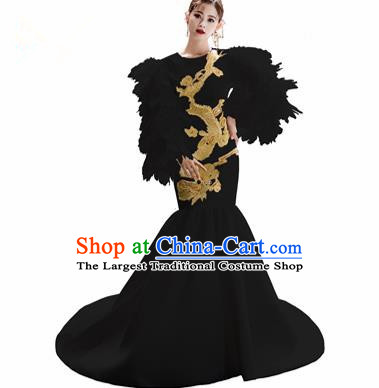 Chinese National Catwalks Embroidered Dragon Black Trailing Cheongsam Traditional Costume Tang Suit Qipao Dress for Women