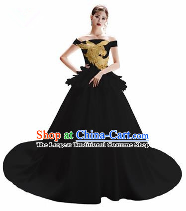 Top Grade Catwalks Black Trailing Full Dress Modern Dance Party Compere Embroidered Costume for Women