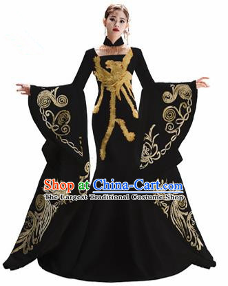 Chinese National Catwalks Embroidered Phoenix Black Cheongsam Traditional Costume Tang Suit Trailing Qipao Dress for Women