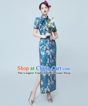 Chinese National Catwalks Blue Silk Cheongsam Traditional Costume Tang Suit Qipao Dress for Women