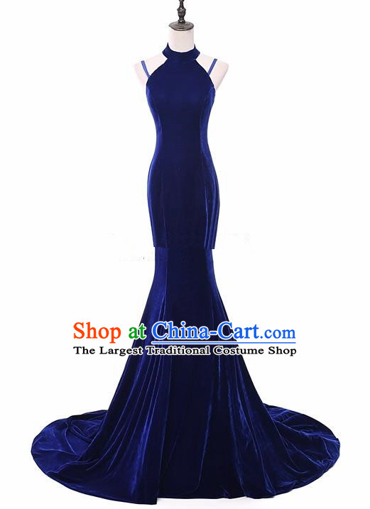 Top Grade Catwalks Chorus Compere Royalblue Velvet Trailing Full Dress Modern Dance Party Costume for Women