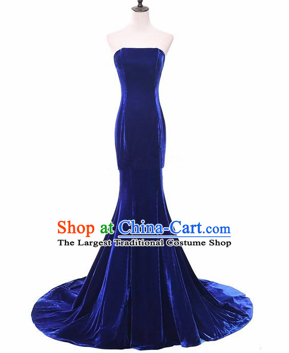 Top Grade Catwalks Chorus Compere Royalblue Velvet Strapless Full Dress Modern Dance Party Costume for Women