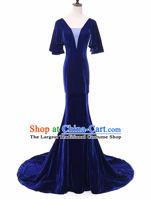 Top Grade Catwalks Chorus Compere Royalblue Velvet Full Dress Modern Dance Party Costume for Women