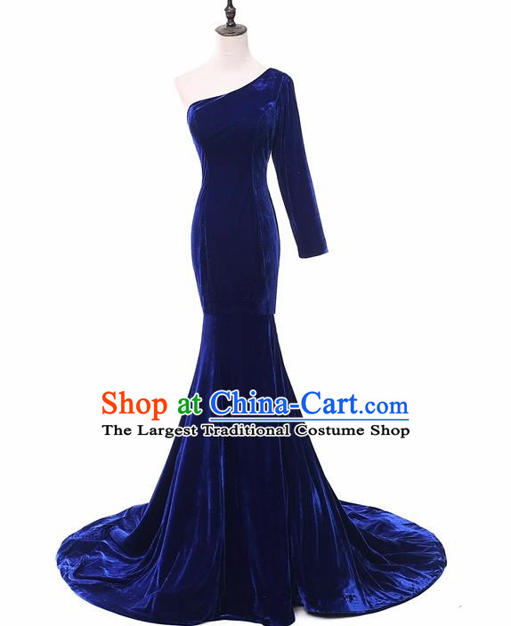 Top Grade Catwalks Chorus Compere Royalblue Velvet Single Shoulder Full Dress Modern Dance Party Costume for Women