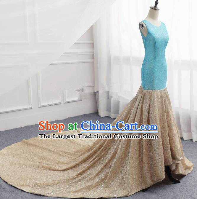 Top Grade Catwalks Chorus Compere Golden Trailing Full Dress Modern Dance Party Costume for Women