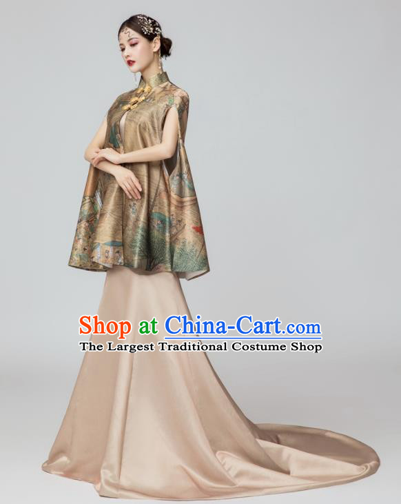 Chinese National Catwalks Printing Brown Silk Cheongsam Traditional Costume Tang Suit Qipao Dress for Women