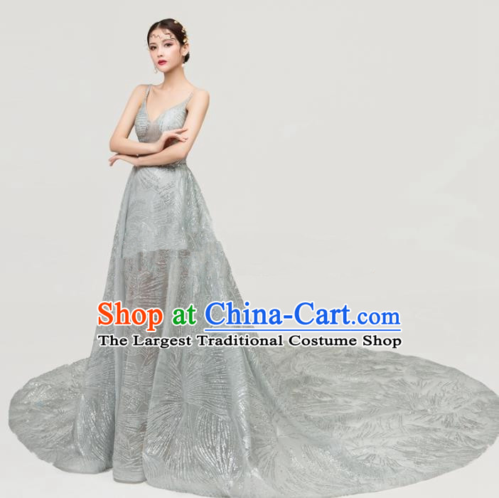 Top Grade Catwalks Trailing Full Dress Chorus Compere Modern Dance Party Grey Veil Costume for Women