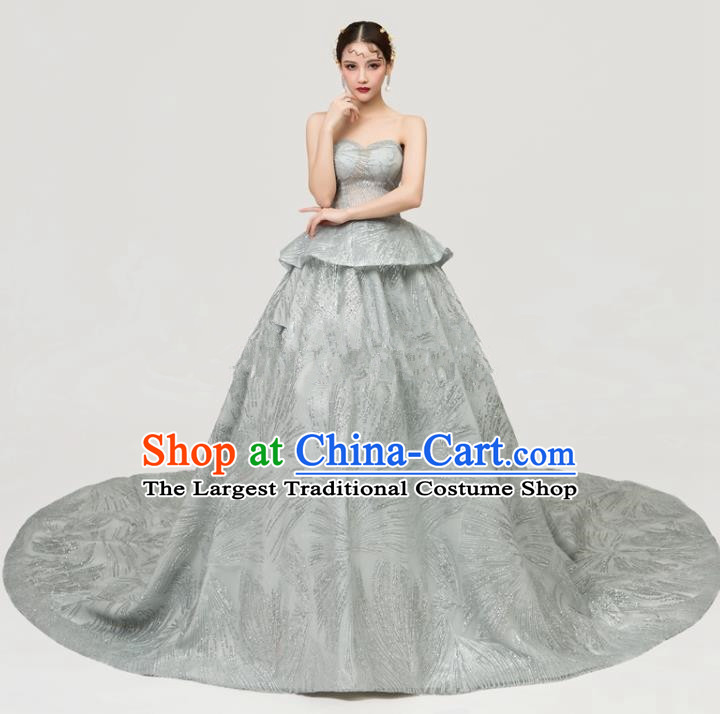 Top Grade Catwalks Full Dress Chorus Compere Modern Dance Party Grey Veil Trailing Costume for Women