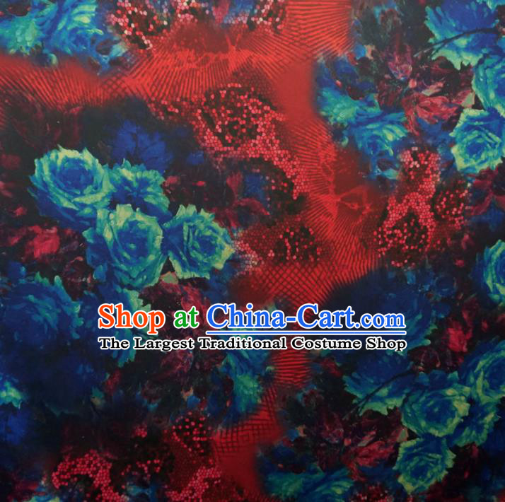 Asian Chinese Traditional Blue Roses Pattern Design Watered Gauze Cheongsam Silk Fabric Chinese Fabric Material