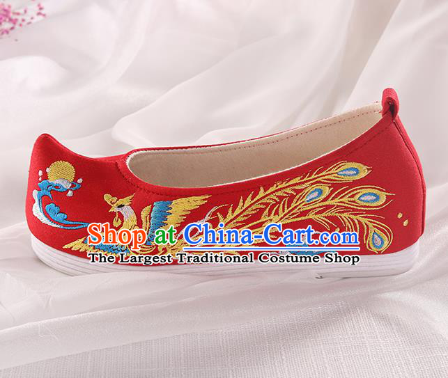 Chinese Traditional Hanfu Red Shoes Embroidered Phoenix Shoes Handmade Ancient Princess Shoes for Women