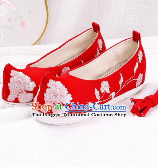 Chinese Traditional Embroidered Peony Red Shoes Hanfu Cloth Shoes Handmade Ancient Princess Shoes for Women