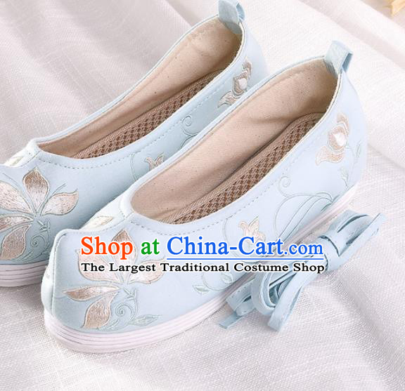 Chinese Traditional Embroidered Twine Lotus Blue Shoes Hanfu Cloth Shoes Handmade Ancient Princess Shoes for Women